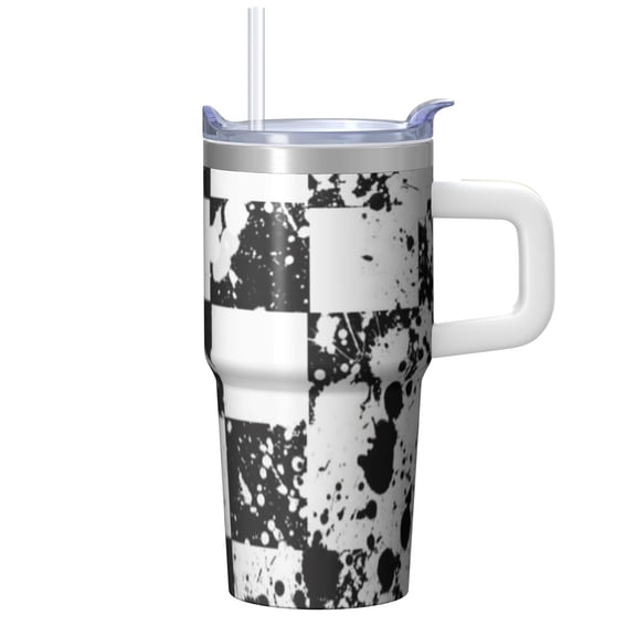 20oz Geometric Pattern Stainless Steel Travel Mug, Double Wall Insulated Tumbler with Handle Leak Proof Straw Lid