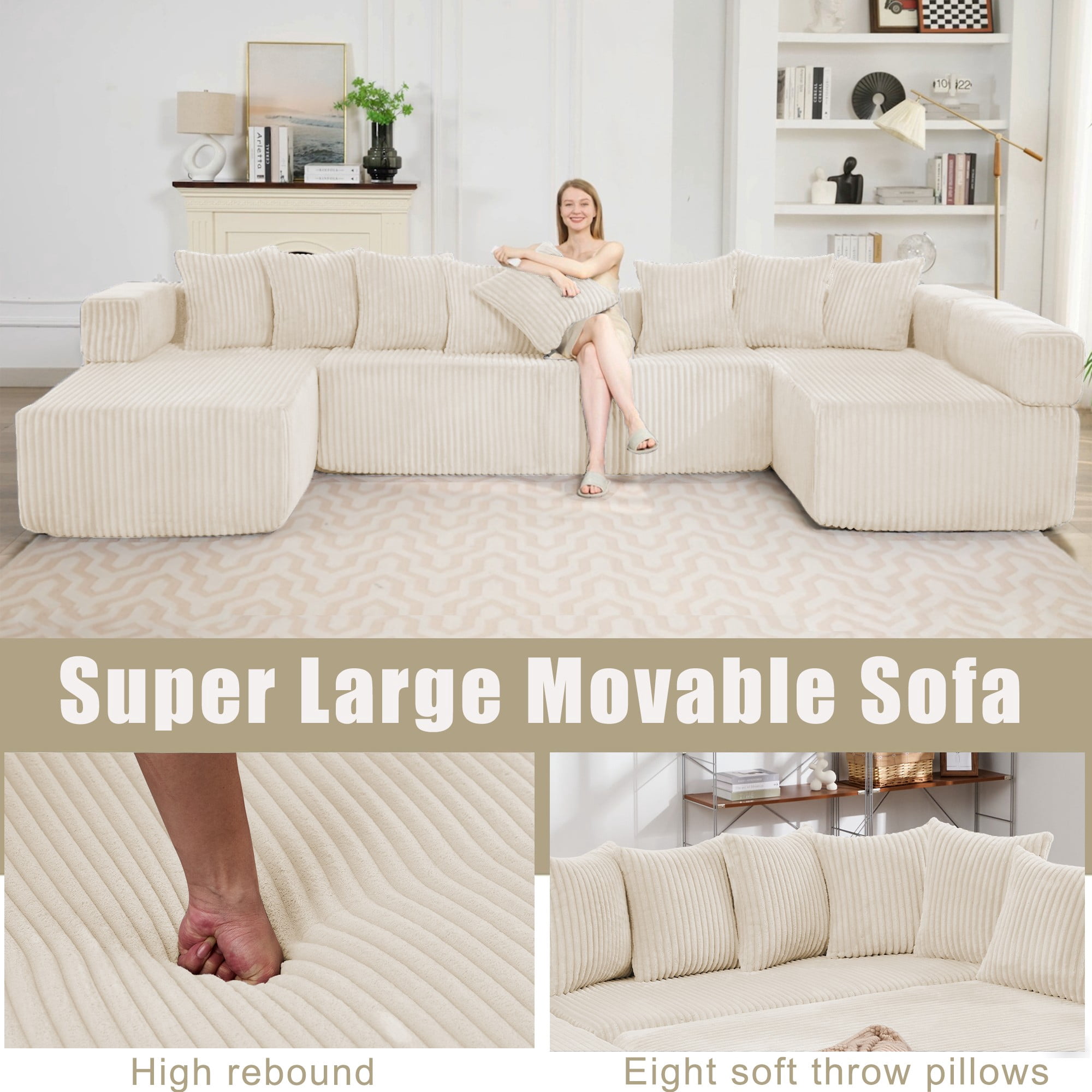 LLappuil 146" Sectional Sofa, U Shaped Sectional Couch with Chaise, 5 Seat Corduroy Sofa Convertible Sleeper Sofa Bed for Living Room Beige