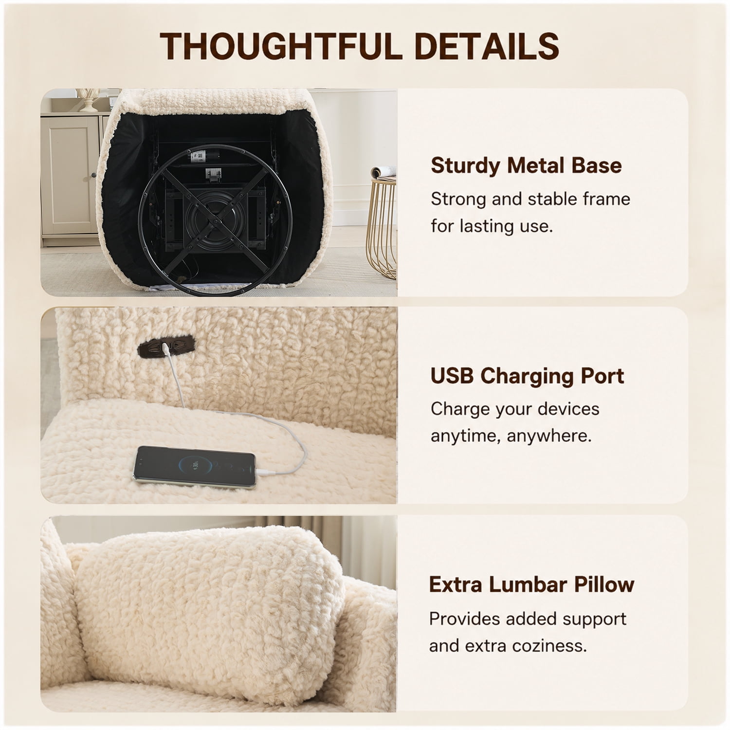 Adult Sherpa Nursery Power Swivel and USB Charging Recliners with 2 Removable Pillows, Beige