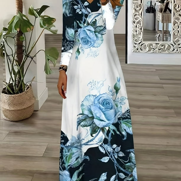Plus Size Casual Dress Women s Plus Floral Print Long Sleeve V Neck Medium Stretch Maxi Dress