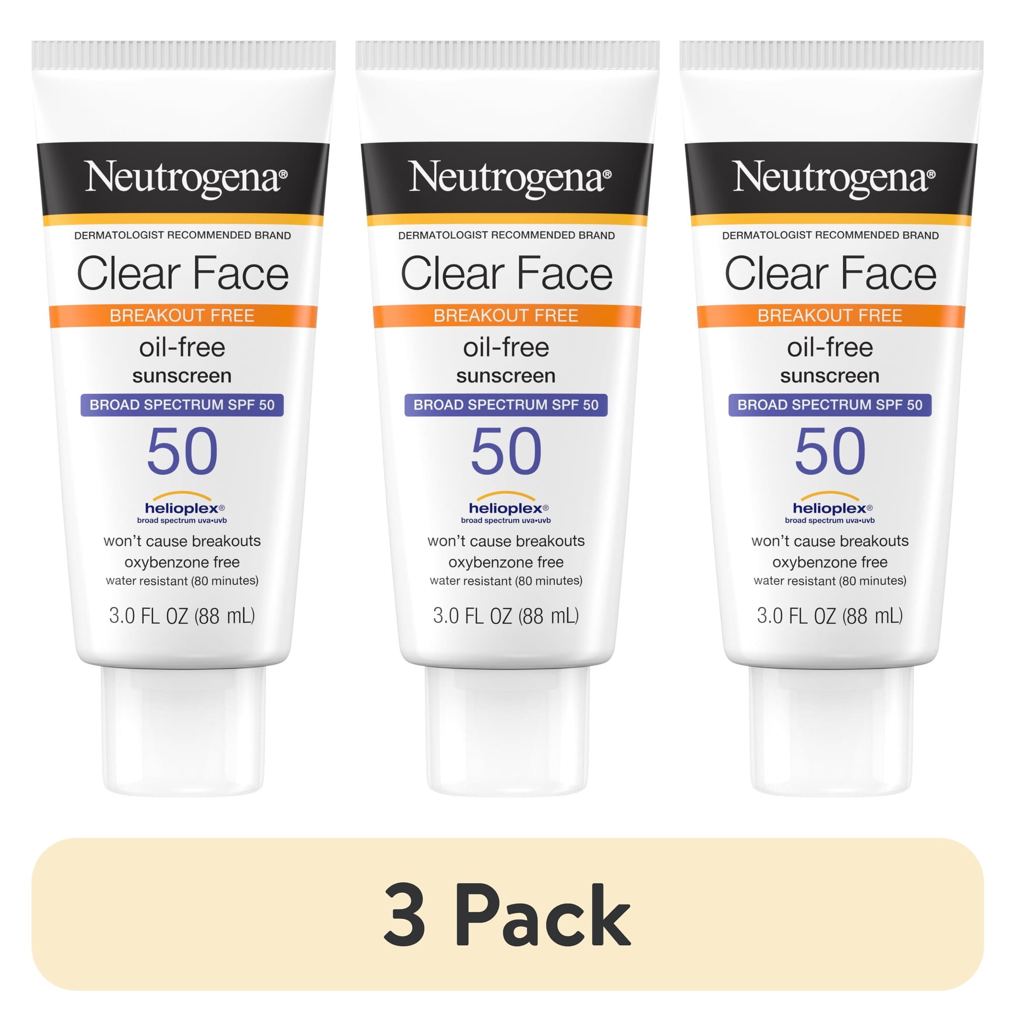 (3 pack) Neutrogena Clear Face Sunscreen Lotion SPF 50, 3 fl oz