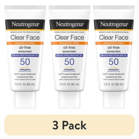 (3 pack) Neutrogena SPF 50 Clear Face Sunscreen for Oily Skin, 3 fl. oz