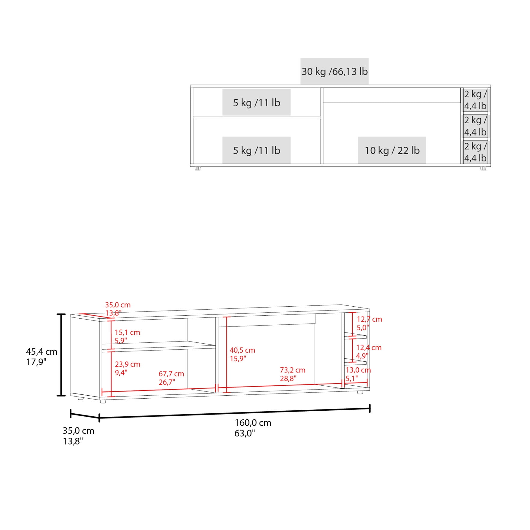 63" Width, White Finish - Cable Management for Clutter - Free - Living Room - Versatile Storage Options