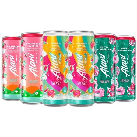 New Alani Energy Drinks Sherbet Swirl, Strawberry Sunrise, Winter Wonderland Flavors Variety Pack, Biotin B Vitamins, Sugar-Free, Low-Calorie, 200mg Caffeine, Energy Boost Drink 12 fl oz (Pack of 6)