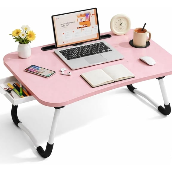 WSA Foldable Lap Desk with Drawer & Cup Holder, 23.6” Portable Laptop Bed Tray Table with Tablet Slot, Non-Slip Laptop Desk for Bed Couch Sofa, Working Writing Eating Breakfast (Pink)