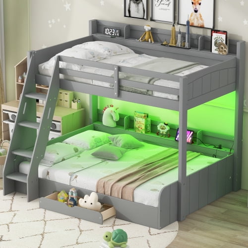 win over Full Bunk Bed with Storage Shelves, LED, Charging Station and a Drawer, Grey