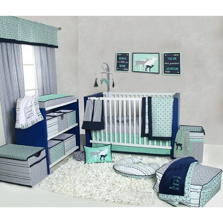 Bacati - Noah Tribal Mint/Navy 10-Piece Nursery in a Bag 100% Cotton Percale Unisex Crib Bedding Set with 2 crib fitted (Best Nursery Bedding Sets)