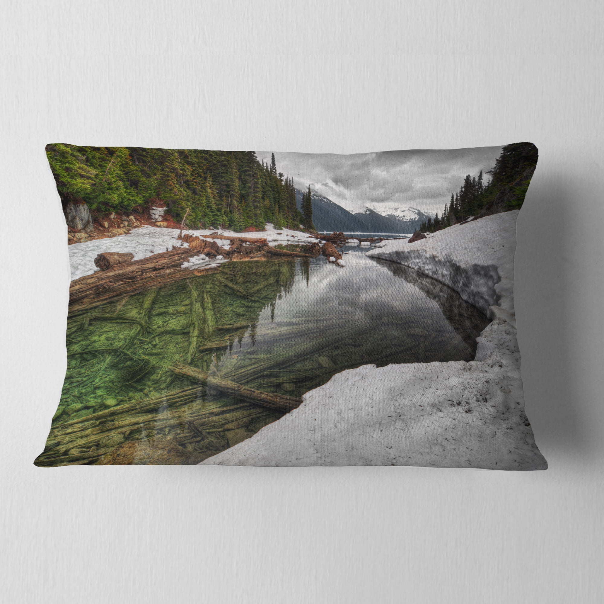 Designart Crystal Clear Lake with Pine Trees - Landscape Printed Throw Pillow - 12x20