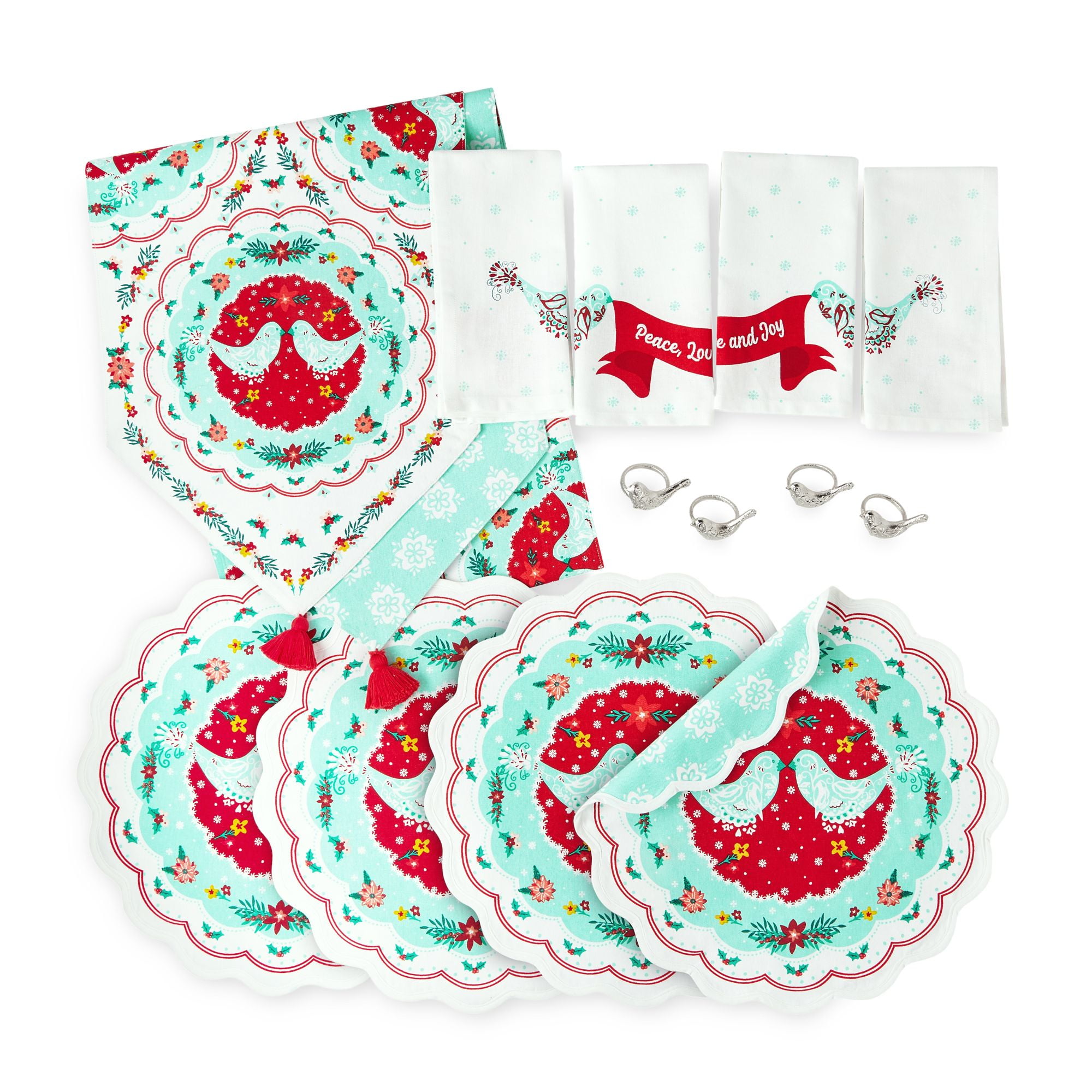 The Pioneer Woman Mazie Bird Runner, Placemat, Napkin, And Napkin Ring Set, Multicolor, 13 Piece