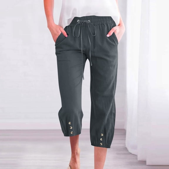 Fnooota Women's Cotton Linen Capris, Drawstring Relaxed Fit Summer Casual Capri Pants Dark Gray Size S-3XL