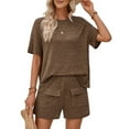 thumbnail image 2 of Women Matching Shorts Knitted Pockets Sets Fall Round Neck 2 Piece Set Summer Short Sleeve Lounge Sets Coffee Color M, 2 of 9