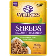 Wellness Healthy Indulgence Natural Grain Free Wet Cat Food, Shreds Chicken & Turkey, 3-Ounce Pouch (Pack of 24)
