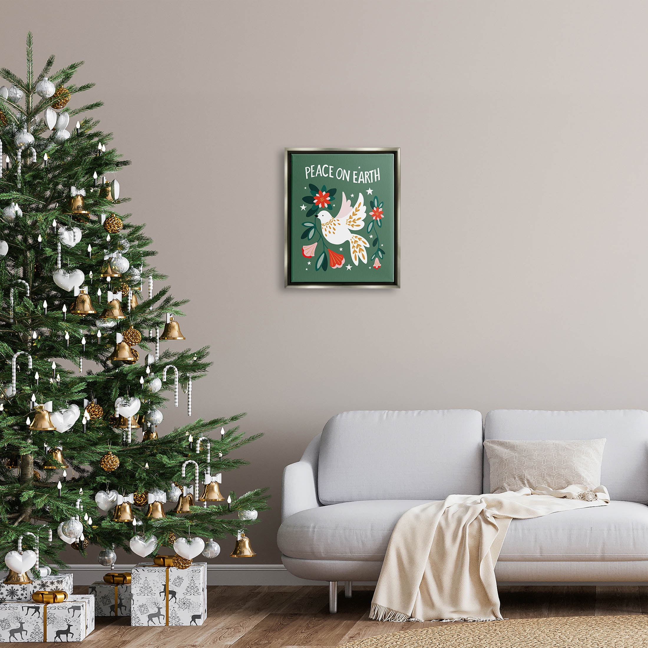 Peace On Earth Floral Dove Blossoms Holiday Graphic Art Luster Gray Framed Art Print Wall Art