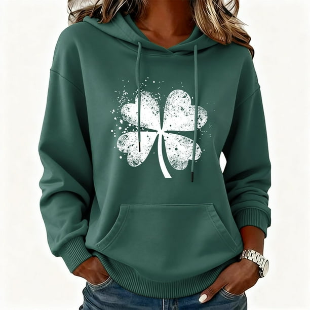 Uootdi Oversized St Patricks Day Hooded Sweatshirts for Women Irish Saint Pattys Shamrock Crewneck Long Sleeve Shirts Holiday Trendy Pullover Tops Gift