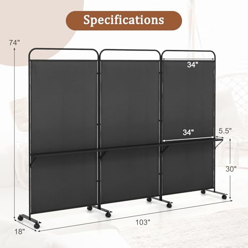 GOFLAME 3 Panel Room Divider with Storage Shelves, 6FT Folding Privacy Screen with Lockable Wheels, Portable Rolling Wall Divider, Freestanding Partition Screen for Room Separation