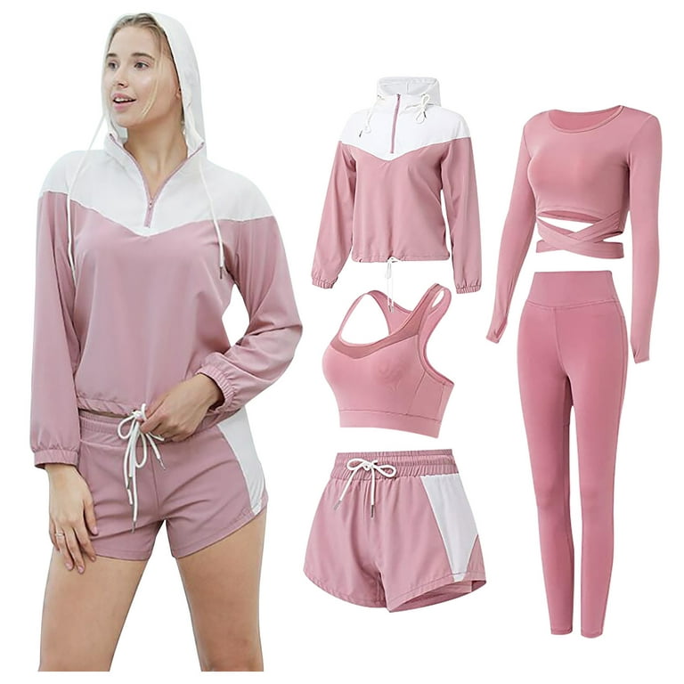 HAPIMO Women's 5 PCS Workout Sets Plus Size Yoga Clothing Suit Set  Tracksuit Running Winter Fitness Clothing Womens Bib Woman Savings Pink L 