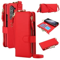 Allytechgroup Wallet Phone Case for Samsung Galaxy Z Fold 7, Multi-Functional Galaxy Z Fold7 Case with Shoulder Strap Zipper Pocket Card Slots Ring Holder RFID Blocking Stand Cover, Red