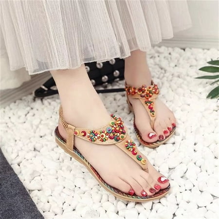 

uikmnh Women Shoes Band Sandals Flip Flop Fashion Summer Elastic Beach Women s Flat Beaded Sandals Women s Sandals Brown 8