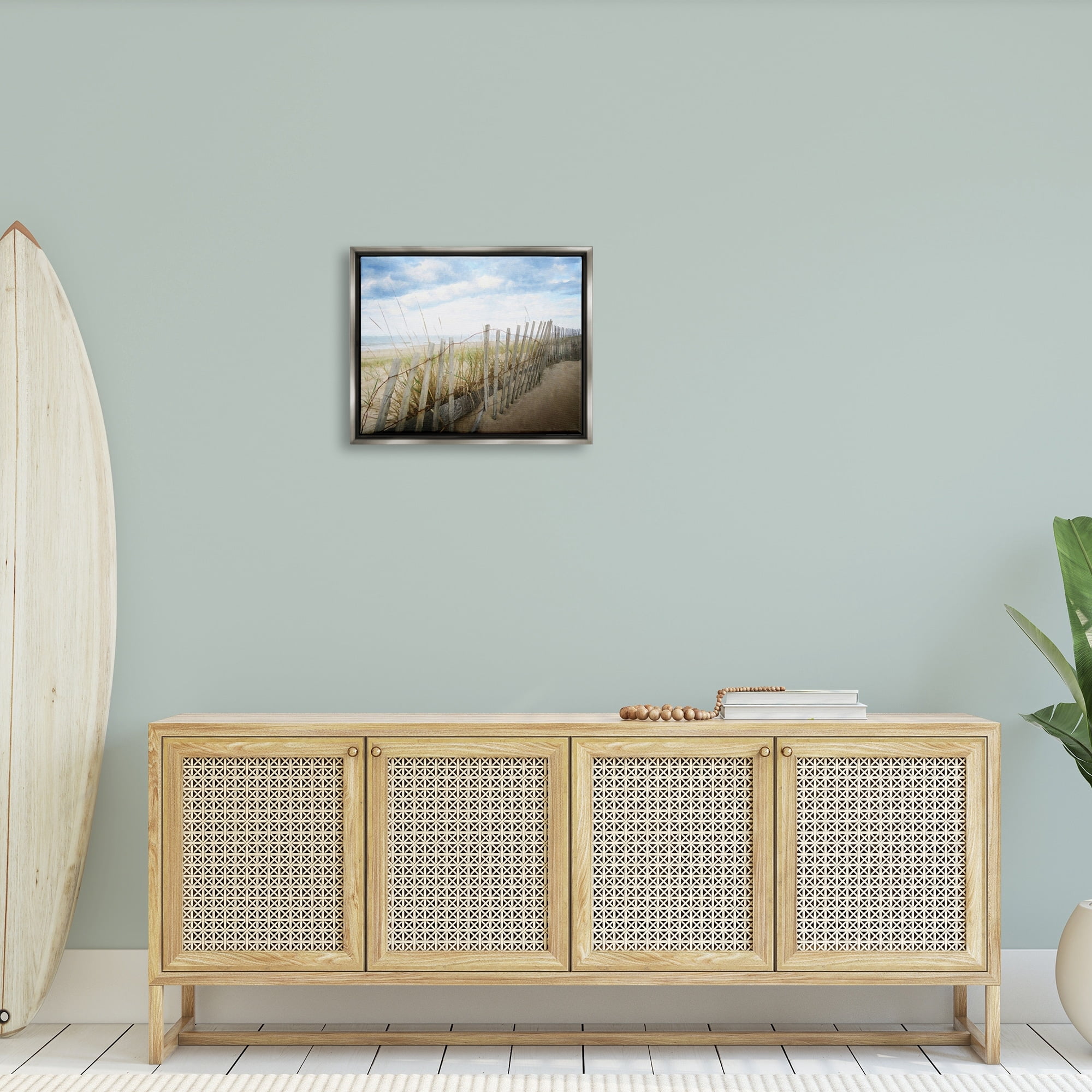 Stupell Industries Seaside Boardwalk Ocean Sand Fence Beach Grass Graphic Art Luster Gray Floating Framed Canvas Print Wall Art, Design by Graffitee Studios
