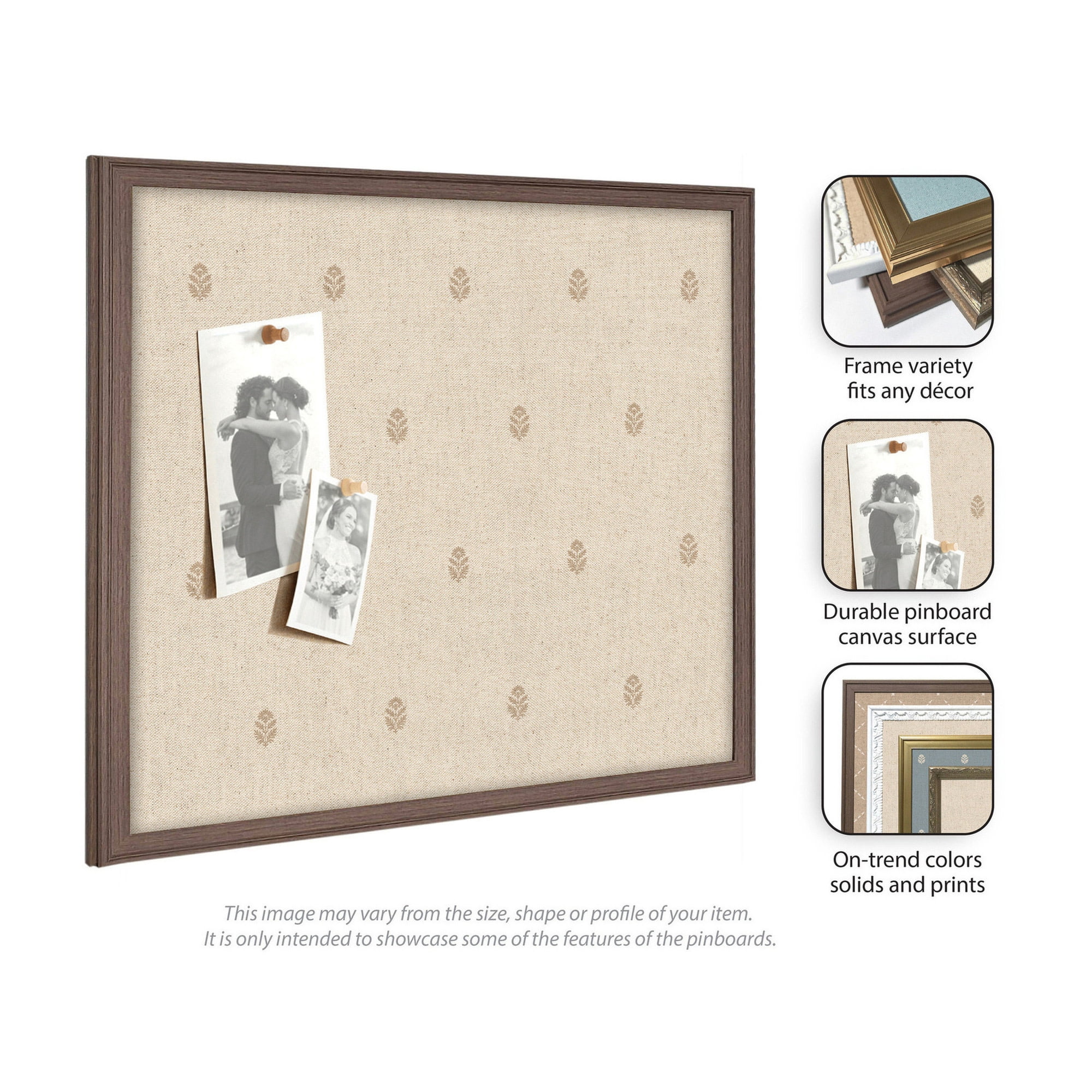 Kate and Laurel Framed Fabric Pinboard 18 x 42, Beige Botanical Block Print Printed Linen Classic Bulletin Board for Use as a Vision Board or Wall Organization, Florence Light Brown Frame