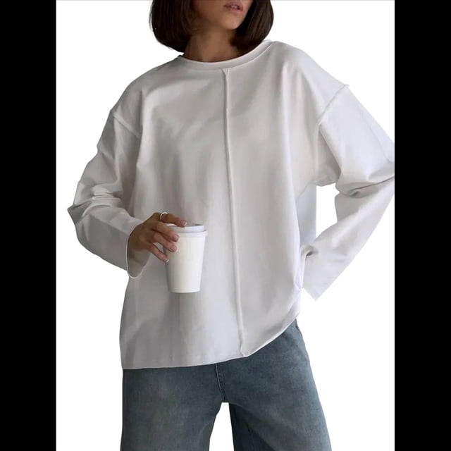 Camisetas de Larga Extragrandes para Mujer, Camisetas Básicas de Cuello Redondo, Tops de Otoño, Ropa Informal de Entrenamiento Y2K. L