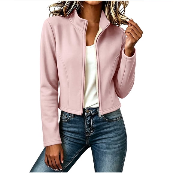 Admvng Jacket for Women Stand Collar Zip Up Fleece Lined Long Sleeve Pocket Slim Warm Cropped Fall Winter Coat