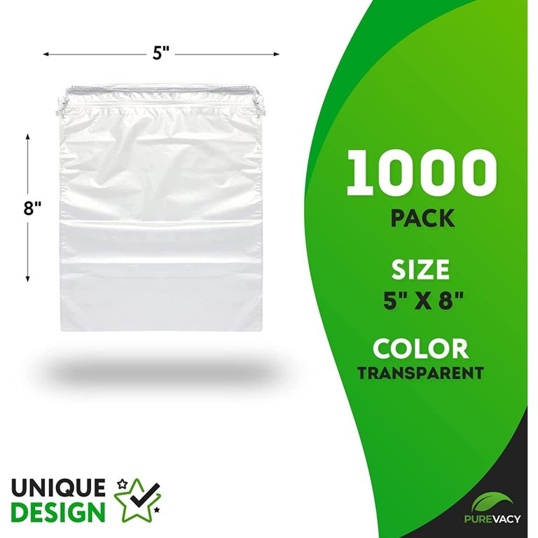 PUREVACY Clear Drawstring Bag, 5 x 8 Inches. 1000 Pack Clear Plastic  Drawstring Bags. 2 Mil Double Drawstring Clear Plastic Bags. Waterproof  Clear