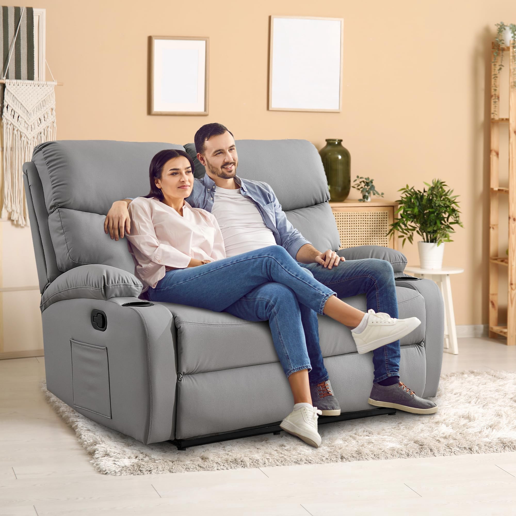 2-Seater Faux Leather Double Recliner Couch with Storage Pockets for Couples Movie Nights Light Grey Reclining Loveseat Sofa Cozy Living Rooms