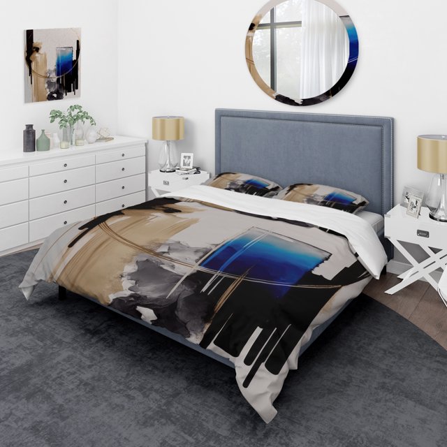 Designart "Blue Minimalist Expression II" Modern Bedding Covert Set - Abstract Minimalism Blue Abstract Bed Set With 2 Shams