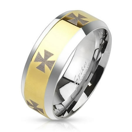 Gold IP Stainless Steel Etched Cross Mens Wedding Ring-Sizes 9-14 Father's Day