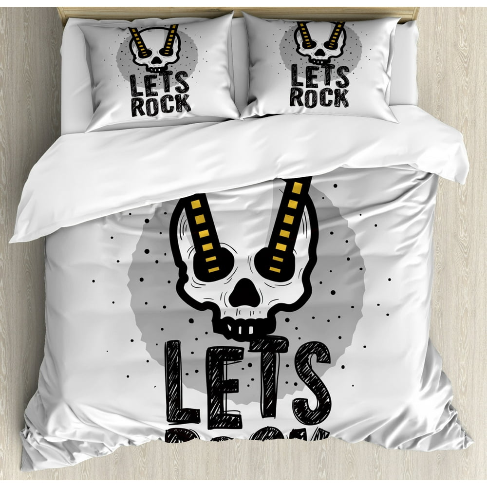 Rock and Roll Duvet Cover Set Queen Size, Pattern of Human Skull and