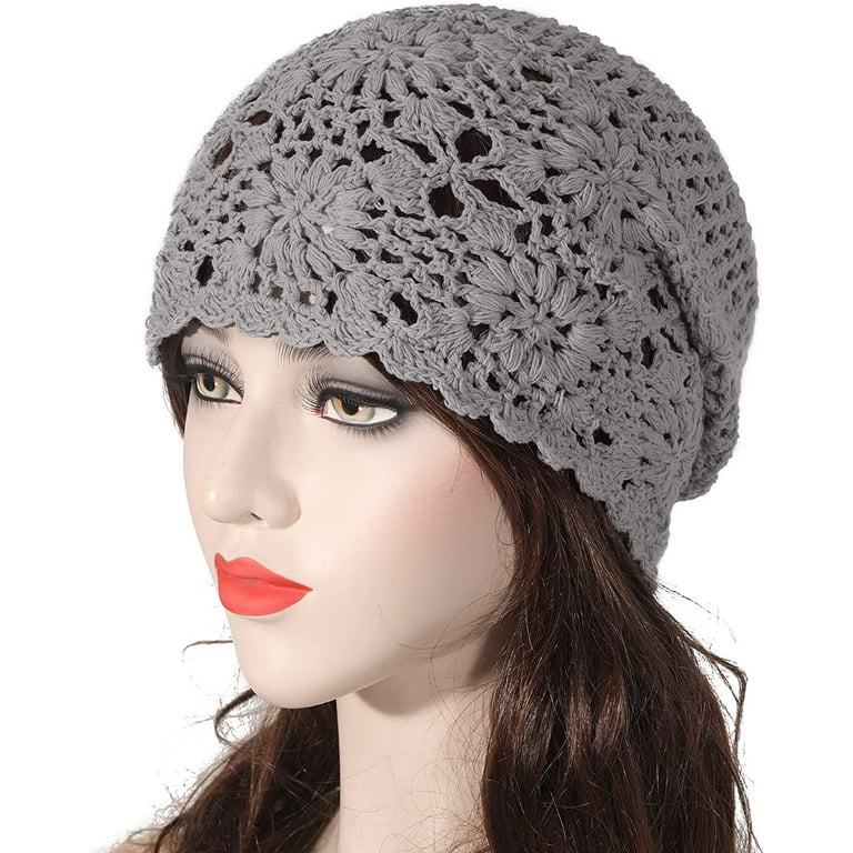 ZLYC Women Cotton Crochet Slouchy Beanie Hat Handmade Knit Cutout Summer  Floral Skull Cap