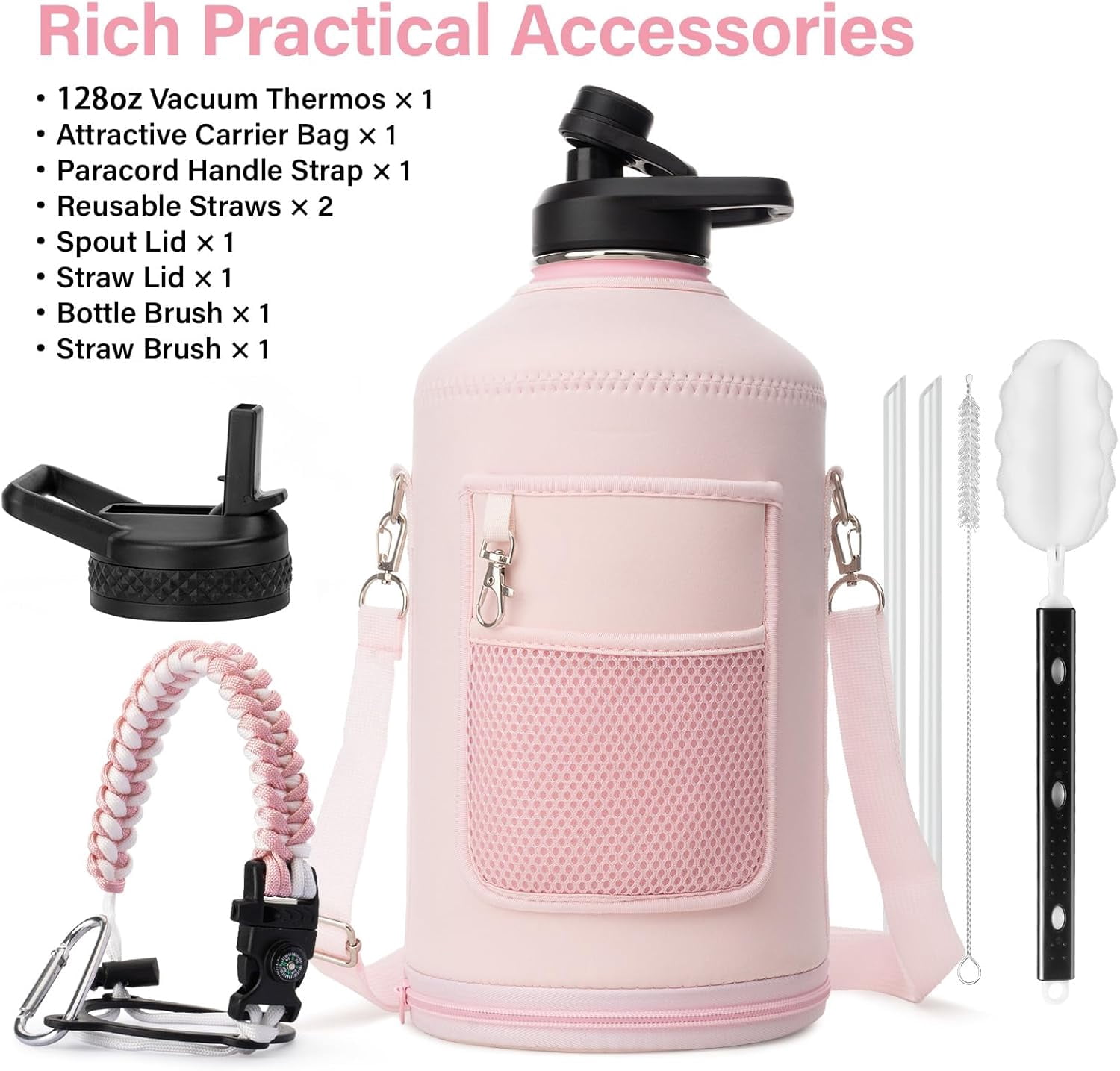 Water Bottle | Thickened Stainless Steel Vacuum Metal | Portable Sports Water Jug for Gym and Hiking with Straw, Carrier Bag, Handle Strap | BPA-Free 32 oz, Black