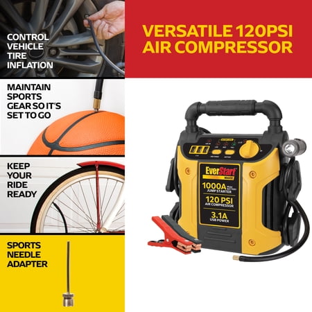 EVERSTART MAXX 1000 PEAK AMP JUMP STARTER WITH 120 PSI COMPRESSOR, PIVOTING LED LIGHT, 3X USB PORTS
