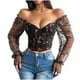 thumbnail image 1 of Top de moda para mujer con bordado de malla de retazos, top de manga larga de corte bajo, top de poliéster para mujer, 1 of 6