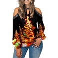 thumbnail image 2 of Camisetas de manga larga para mujer, ropa informal con cuello redondo y hombros descubiertos, con estampado navideño de empalme, novedad, gran oferta, otoño, 2 of 4