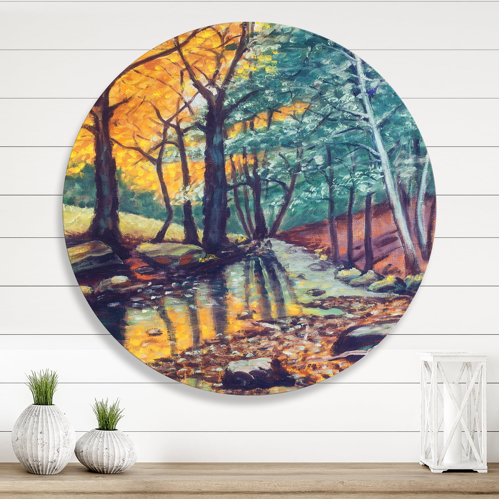 Designart 'Landscape With Autumn Forest Sunset River' Traditional Circle Metal Wall Art 23x23 - Disc of 23