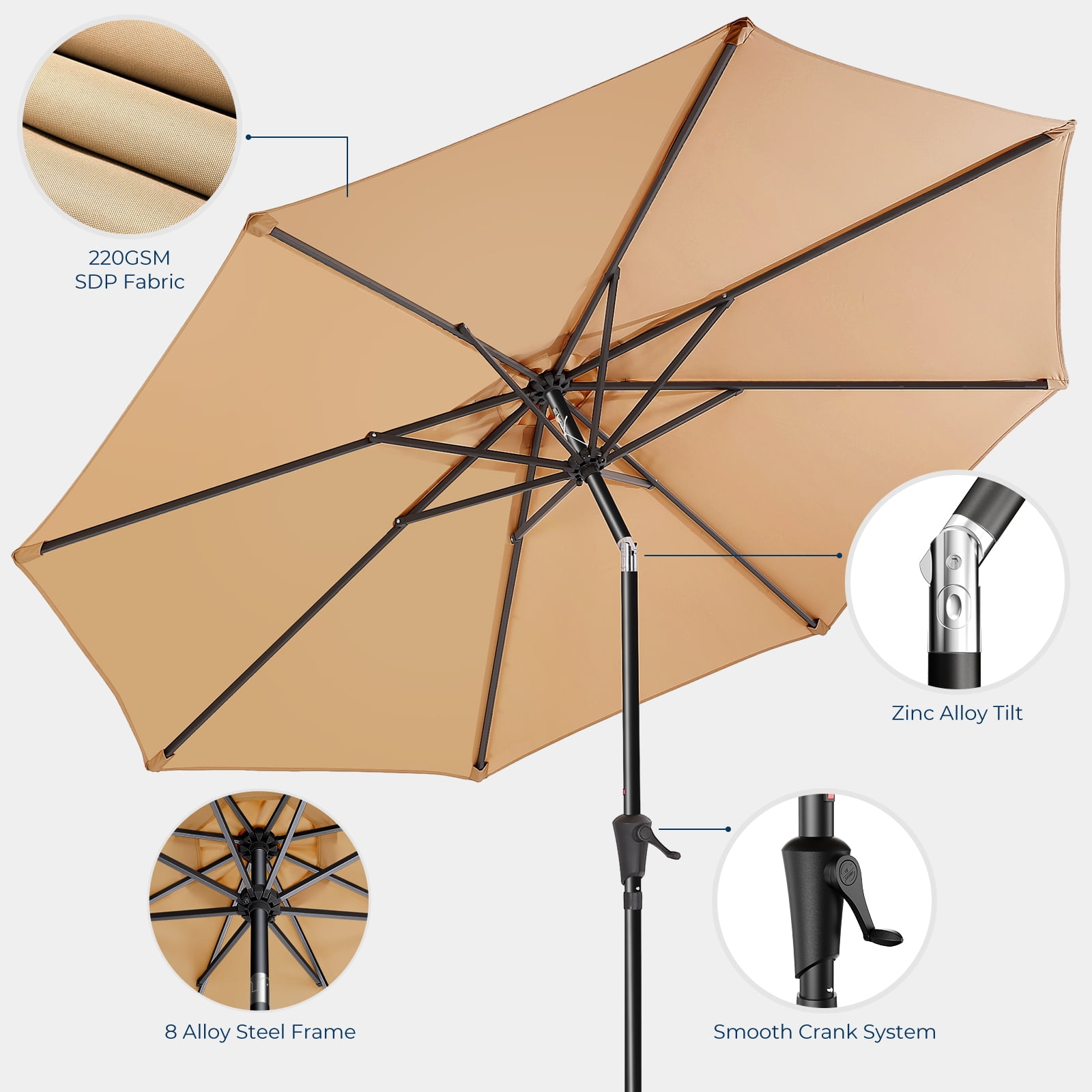 9ft Outdoor Patio Umbrella, Outdoor Table Umbrella with Push Button Tilt and Crank, Market Umbrella 6 Sturdy Ribs, Yard Umbrella