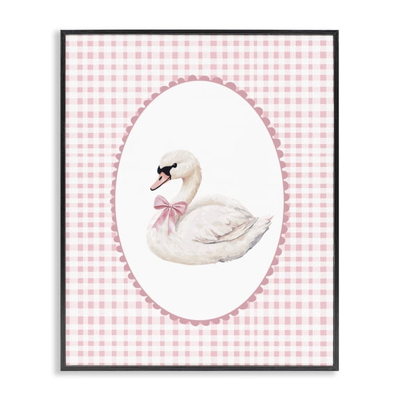 Gentle Swan on Pink Checkered Black Framed Giclee Art, design by Christine Simpson Art