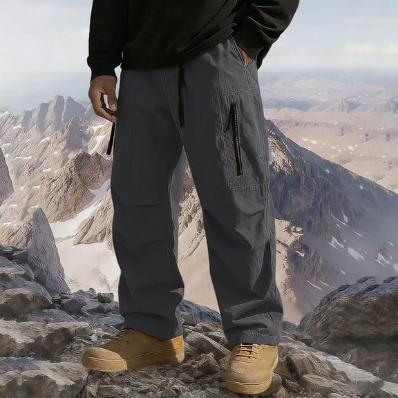 Handshe Men's Hiking Pants, Solid Color Elastic Waist with Fleece-Lined Pockets, Water-Resistant Outdoor Thermal Trousers for Cold Weather and Daily Use