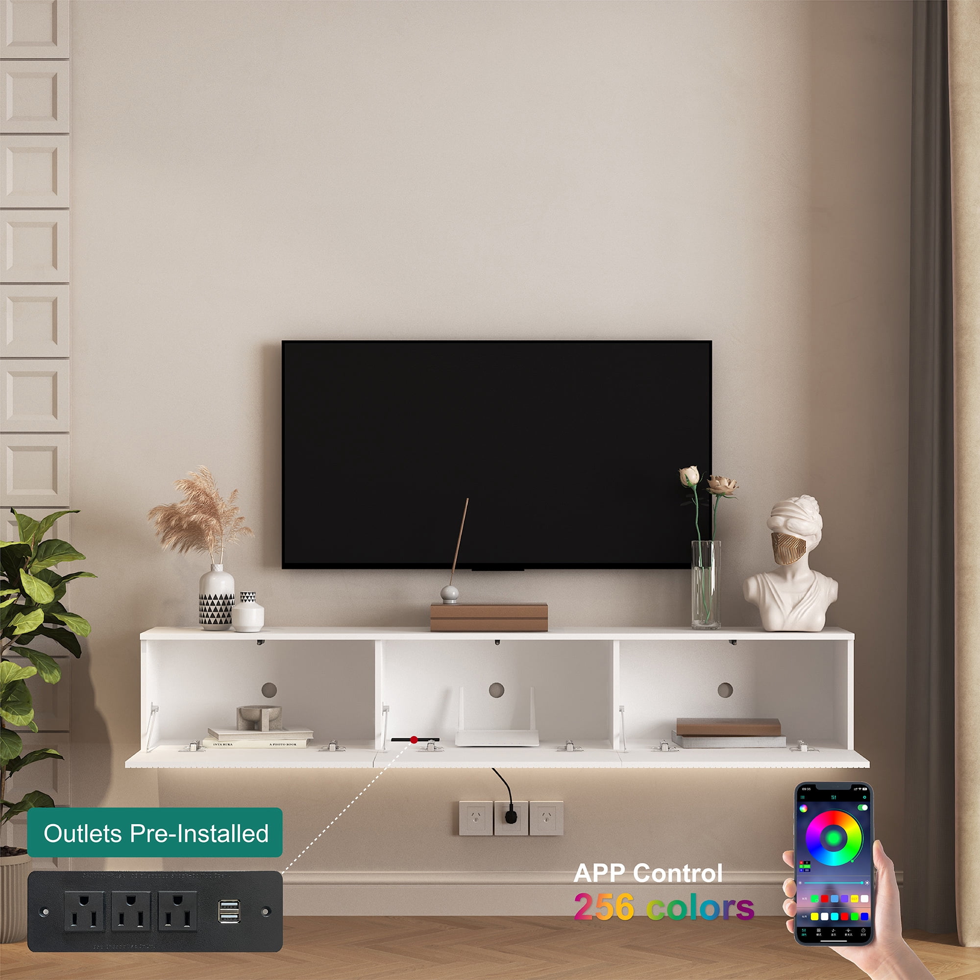 Yoneston Wall Mounted Floating TV Stand wih LED for 55/60/65inch TV, 69" Modern TV Stand with Drawer, High Gloss Entertainment Center for Living Room, White