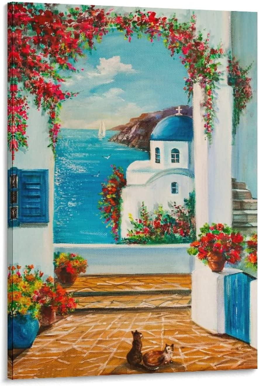 Posters Greek Landscape Oil Painting Seascape Greek Island Art Santorini  Blue Sea Wall Art Canvas Print for Living Room Bedroom Home Decor  08x12inch(20x30cm) Frame-Style