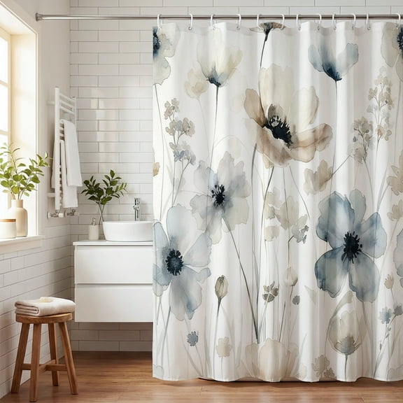Watercolor Blue and Beige Floral Shower Curtain 72x72 inch, Soft Neutral Botanical Bathroom Decor with 12 Hooks