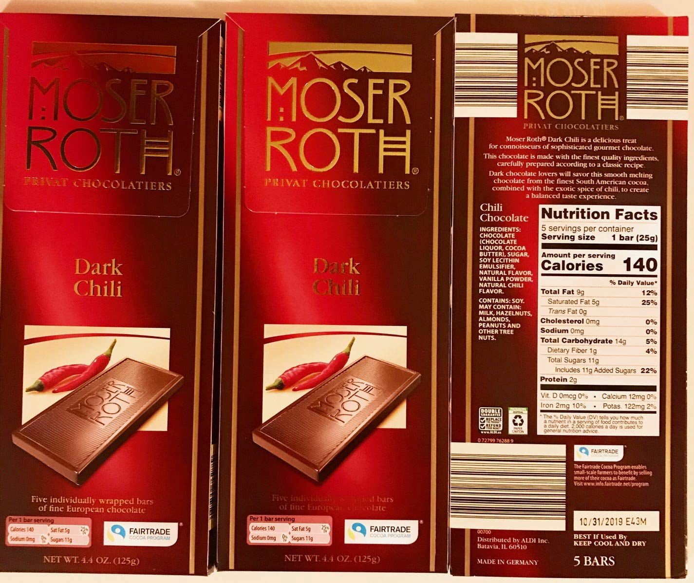 Moser Roth Premium Fine German Dark Chili Chocolate Bars, 4.4 oz. (Pack of 3)