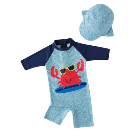 Rash Guard for Boys Children s Crab Prints Swimsuit Long Sleeve Color Matching One Piece Swimsuit with Hat Baby Boy Swim Trunks Sky Blue 6 Years-7 Years