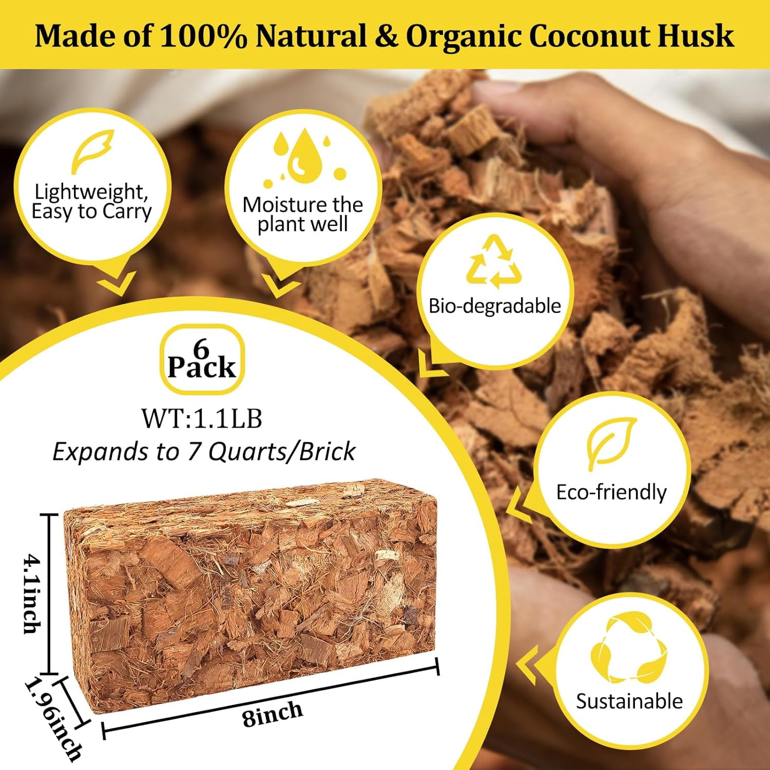 6 Pack Coco Chips Substrate for Plants- 6.6lb 100% Organic Coconut Husk Brick with Low EC and pH Balanced, High Expansion Coconut Substrate Coco Husk Mulch for Garden Flowers, Herbs, Planting