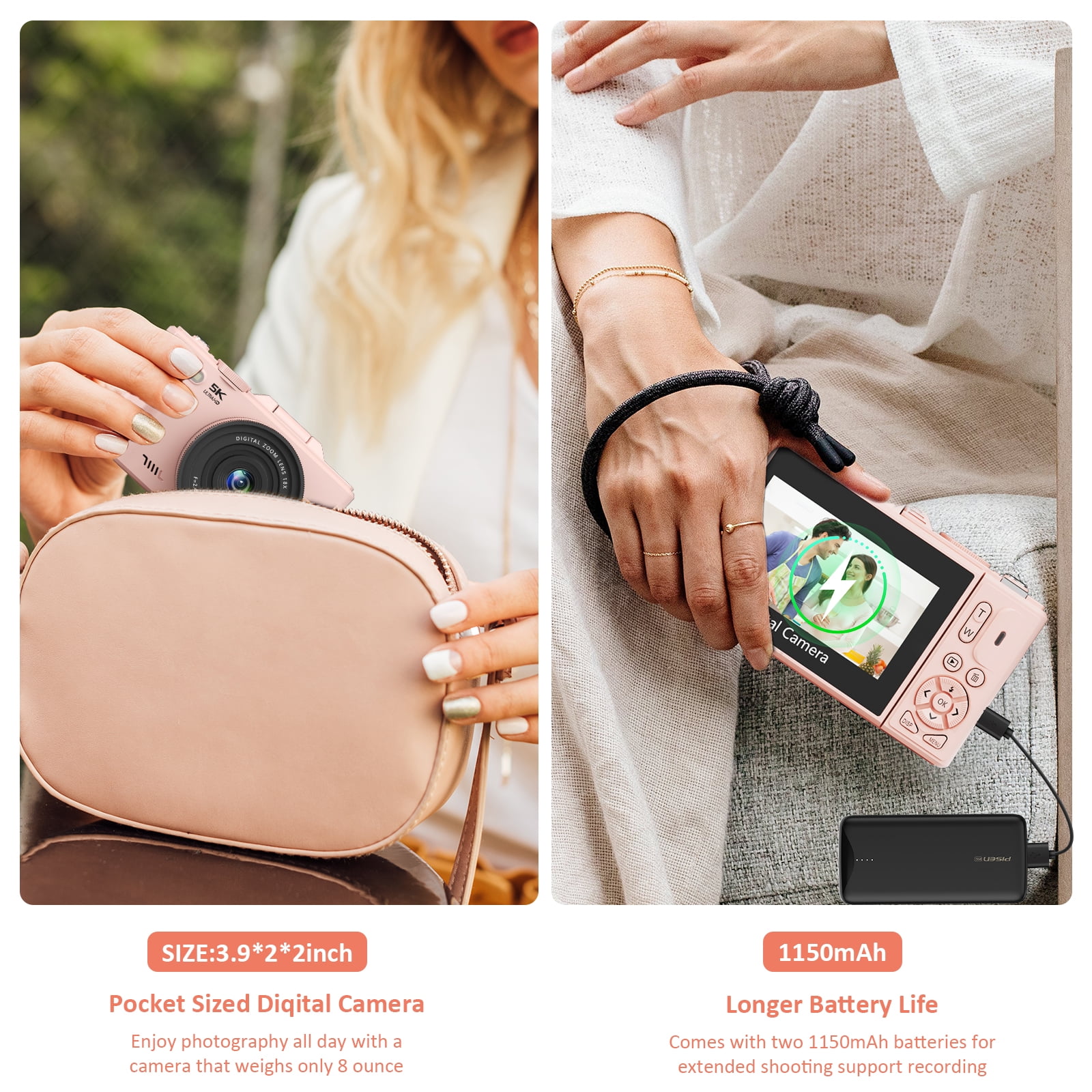 XLURC 5K Digital Camera for Photography with Wifi, 75MP Vlogging Camera for YouTube with 3" 180° Flip Screen, 18X Digital Zoom with 32GB Micro SD Card & 2 Batteries (Pink)