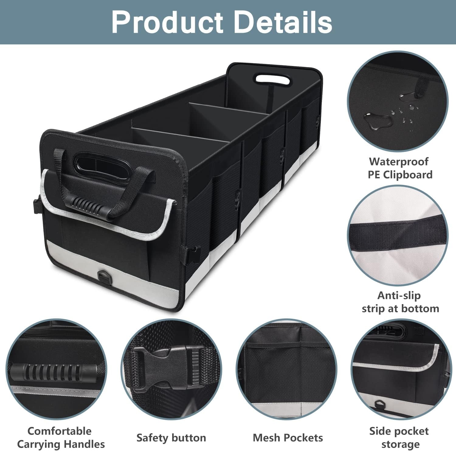 Trunk Organizer for Car, 95L Large Capacity Car Storage Organizer with Non-Slip Bottom Strips, Cargo Organizer for Suv, Truck, Sedan, Waterproof Portable Car Organizers for Women Men