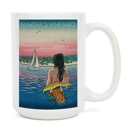 

15 fl oz Ceramic Mug Martha s Vineyard Mermaid and Beach Dishwasher & Microwave Safe