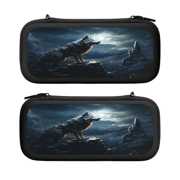 Wolf, Carrying Case For Nintendo Switch & OLED Version, Eva Lightweight Shockproof Protective Pouch Case for Game Console & Accessories with 10 Game Card Slot & Wristband, Black